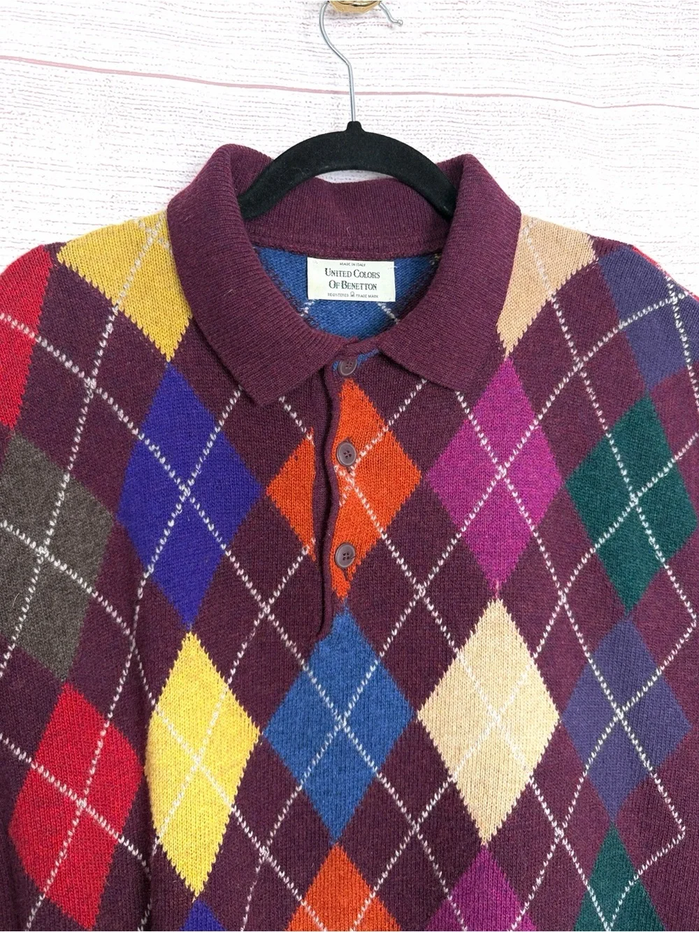 Vintage 1980s Benetton Men’s 52 /L Lambswool Argyle Polo Sweater Made in Italy